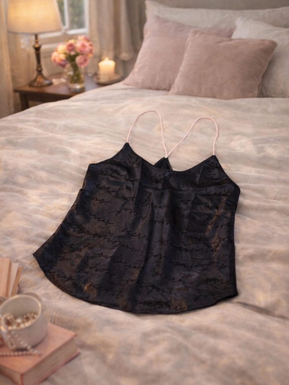 Victoria’s Secret Script Logo Satin Camisole Black Pink Strap Cami M
